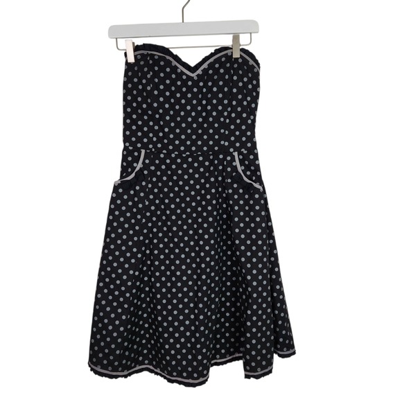 SOURPUSS‎ Dress Womens Large Black Polka Dot Strapless Smocked Retro Rockabilly - Picture 1 of 13